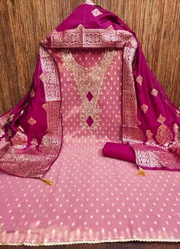 Image of Sidhidata Women's Shimmer Zari Butty With Multi Sequence Embroidered Unstitched Dress Material With Banarasi Silk Dupatta (DM Shimmer Free Size)