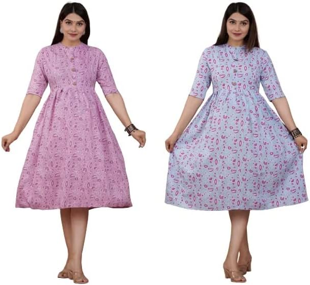 krishanCotton Fabric Regular Round Neck Maternity Kurti, Printed Anarkali Maternity Zipped Kurti for Women