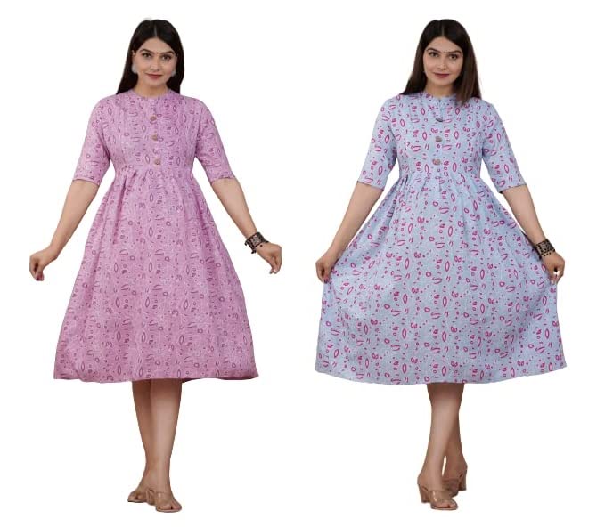 krishanCotton Fabric Regular Round Neck Maternity Kurti, Printed Anarkali Maternity Zipped Kurti for Women