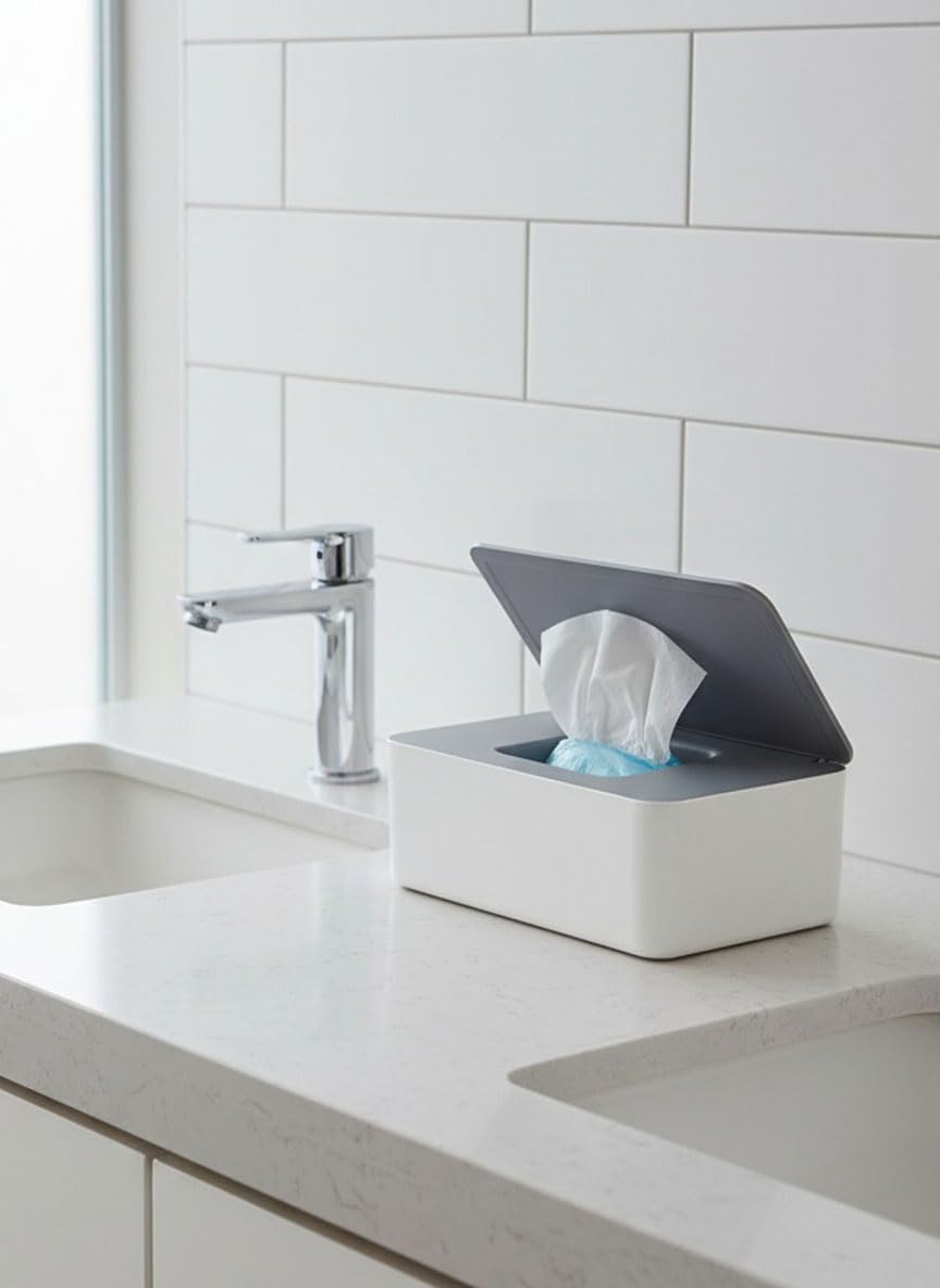 Wet Wipe Dispenser with Lid - Large Capacity for Home, Office & Cars, Gray+White - 4