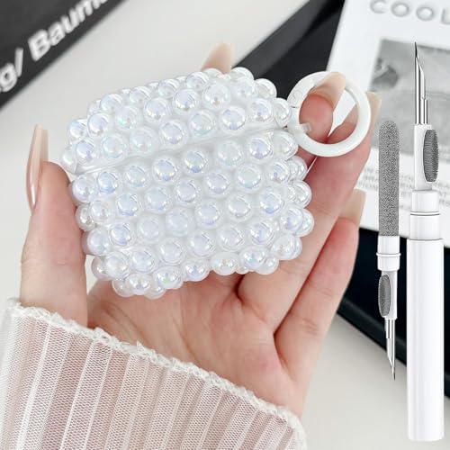 Cute Glitter Pearls Case for Airpods Pro 2/1 Cover Girls Women, Soft Handmade Beads TPU Airpods Pro 2nd/1st Generation Protective Cover with Cleaner Pen&Keychian for Air Pod Pros Gen 2/1, White