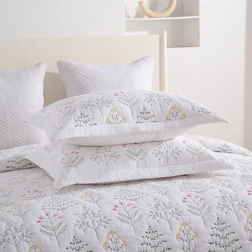 MarCielo 3-Piece 100% Cotton Oversized Bedspread Lightweight Quilt Coverlet Embroidery Farmhouse Bedding Set(TL Floral White,Oversized Queen (100"x106"))
