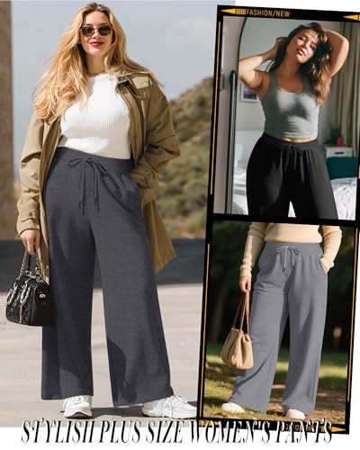 Huukeay 3 Pack Women's Plus Size Pants Wide Leg Yoga Pants Baggy Lounge Sweatpants with Pockets Drawstring High Waist Jogger2