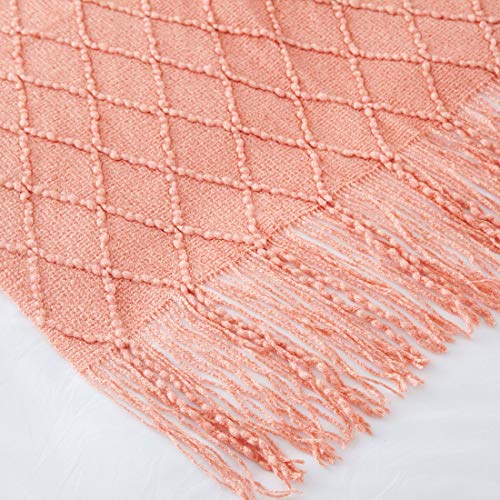 Treely Coral Orange Throw Blanket With Fringe Tassels Knitted Throw Blanket Textured Solid Decorative Knit Blanket For Bed Couch, 50" X 67.7", Coral Orange #TOP5