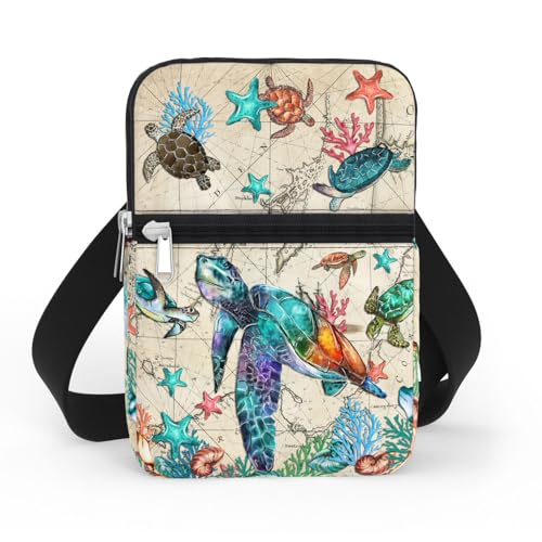 84hoods Crossbody Phone Bag with Adjustable Long Strap. Gift for Turtle Lovers. Small Waterproof Cell Phone Purse Gift for Women. Sea Turtle Map.