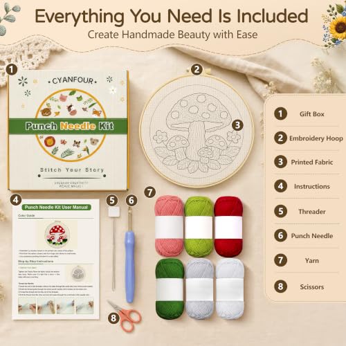 Image of CYANFOUR Punch Needle Kit for Beginners, Mushroom Punch Needle Kits Adults, Craft Kits for Adults with 2 Pre-Printed Fabrics, Embroidery Hoop, Threads, DIY Gift and Home Decor 20 * 20cm