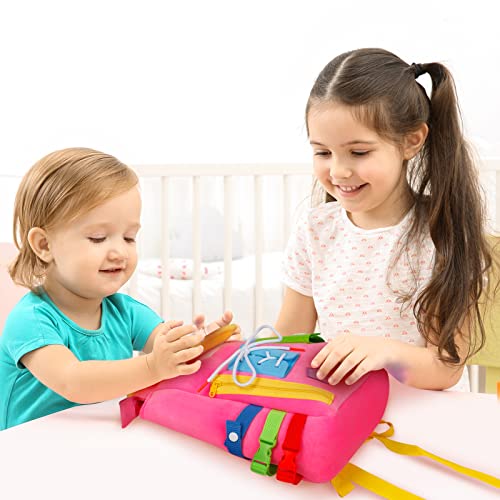 Image of Busy Board - Toddler Backpack with Buckles and Learning Activity Toys - Develop Fine Motor Skills and Basic Life Skills - Learn to Tie Shoes - Children's Travel Toy (Pink)