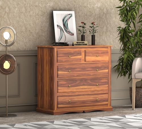 Image of Sheesham Wooden Chest of Drawer for Living Room | Solid Wood Dresser Storage for Bedroom with 5 Drawer | Rosewood Cabinet Storage (Teak)