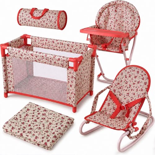 Floral Baby Doll Accessories Set, 3-1 Baby Doll Crib, Baby Doll High Chair & Bouncer Seat. 18 inch Doll Accessories with Doll Bed. 18' Dolls Furniture Play Stuff. Toys for Girls Ages 3-5,4-6,5-7,8-10
