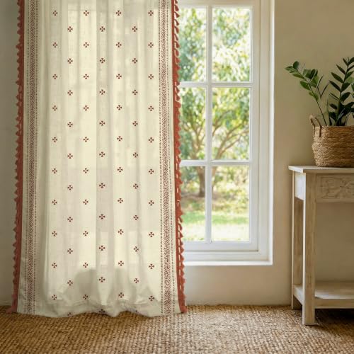 Image of Urban Space Boho Decorative Curtain for Window, 100% Cotton Curtain 5 Feet Long, 1 piece Curtain with Tassels, 60-65% Room Darkening with Tieback and Eyelets (Aaqar Rust, 5 Feet)