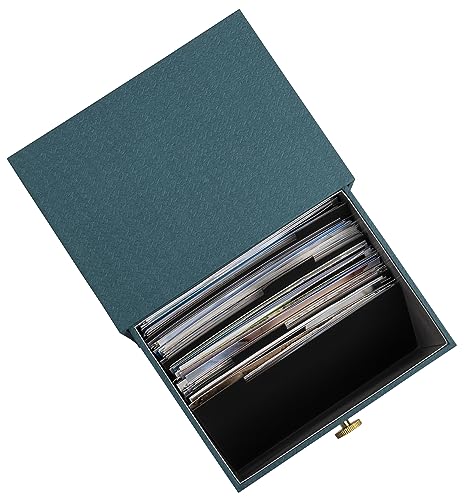 Exacompta 78603E Schubladen-Fotobox Office By Me mit 4 Trennblättern für die Ablage von A6 Karten oder Fotos 11x15cm oder 10x15cm mit dunkelblauem Papier mit Textileffekt