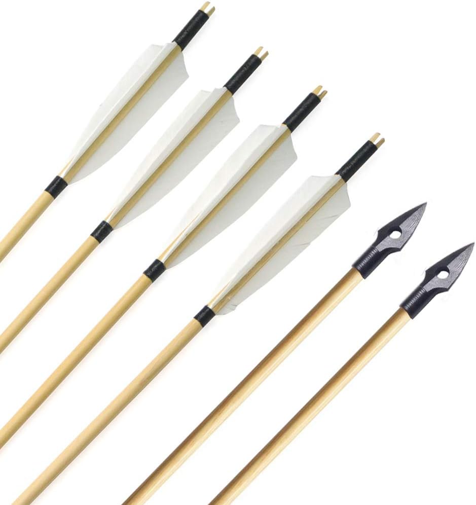 ZSHJG 6Pcs Handmade Archery Wooden Arrows Turkey Feathers Traditional Wooden Shaft Arrows Hunting Target Arrows with 2 Types Arrow Point for Recurve Bow Longbow