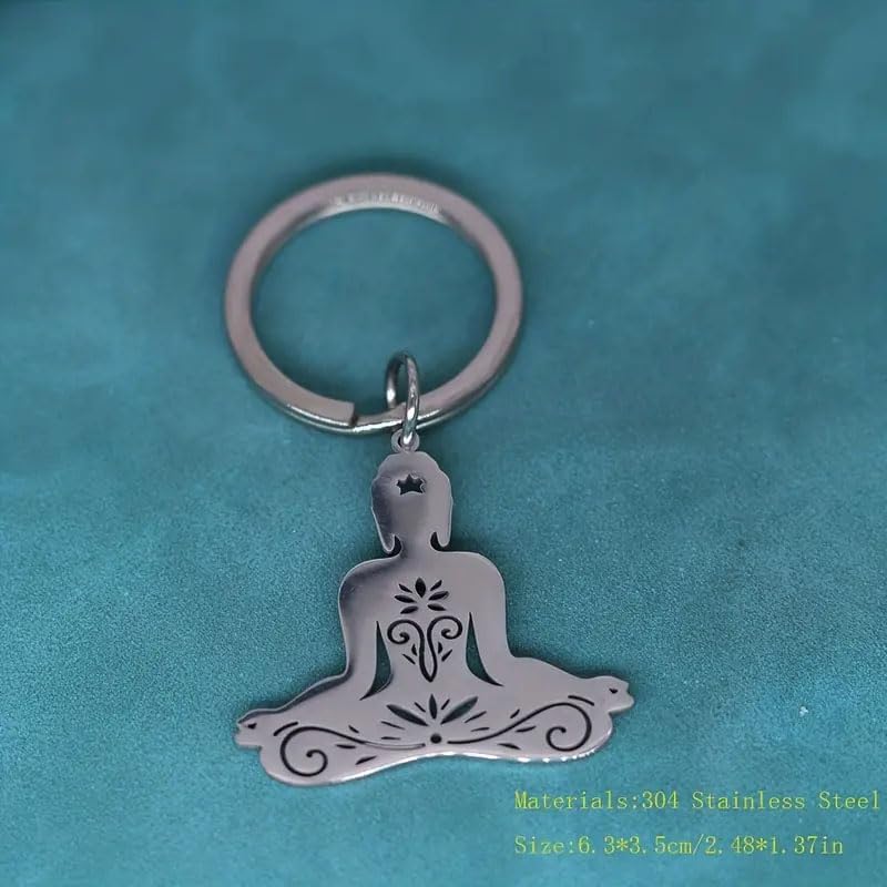 2Pcs Exquisite Buddhist Meditation Pendant Stainless Steel Keychain for Men Women Yoga Lover Key Chains Amulet Accessories image 3