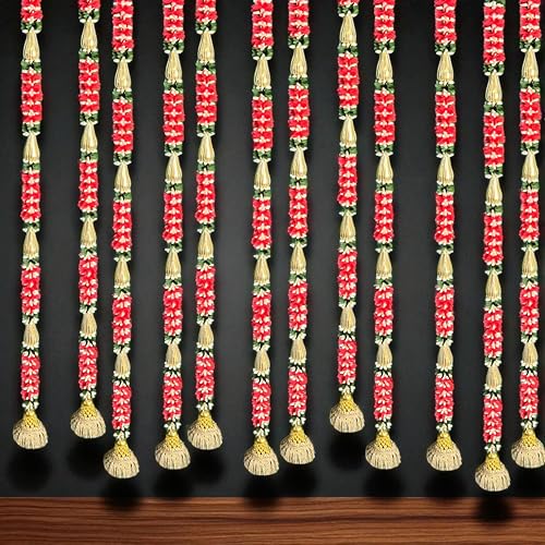 Image of Rajasthan Kraft Artificial Gajra Hanging Decoration Red & Green Mogra with Jali Chudi, Modak, Chakri & Golden Bell Pack of 4 | 44 Inch Festival & Wedding Home Dcor(GJ-17-4)