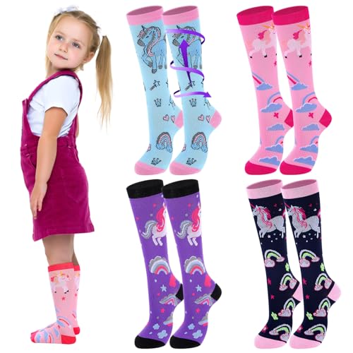 Tisancy - Tisancy 4 Pairs Kids Compression Socks 15-20 mmHg Knee Length Compression Stockings Travel Socks for Kids Childrens(Unicorn,Multicolor) - -28%
