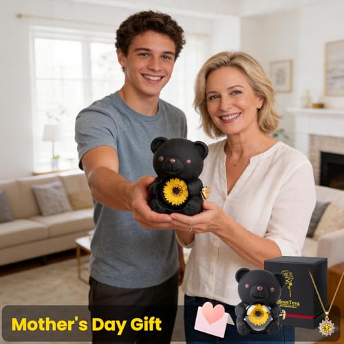 mountova Gift for Her Lucky Bear with Sunflower, Sunflower in Elegant Gift Box with Necklace for Women, Bear Gifts for Mother's Day Valentine's Day Anniversary Weddings Birthday,Christmas, Black — view 2