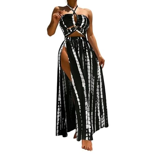 DMMWCX Swimsuit Women's Tie-Dye Three-Piece Swimsuit Sexy Sling Cross Bandage Swimsuit Cover-Up Beachwear-Black-XL