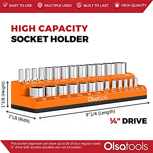 Image of Olsa Tools Magnetic Socket Organizer - 1 /4-Inch Drive SAE Socket Holder with Strong Magnets - Professional Tool Holder and Organizer - Stores up to 26 Sockets - Orange - Part: 1293