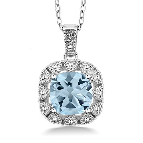 Gem Stone King 925 Sterling Silver Sky Blue Topaz and White Diamond Pendant Necklace For Women (2.75 Cttw, Cushion Cut 8MM, with 18 Inch Silver Chain)