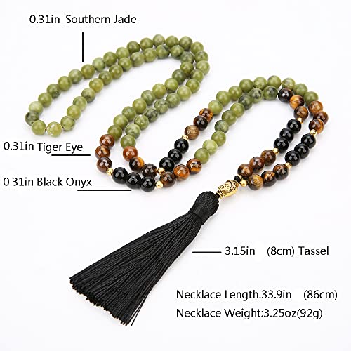 8mm Natural Stone Beads 108 Mala Beaded Necklace Meditation Yoga Prayer Jewelry Tibetan Buddha Head Pendant Tassel Japa Mala Rosary Beads for Men and Women (Southern Jade)4