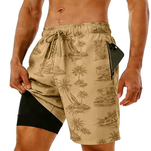 Image of Men's Swim Trunks with Compression Liner, Quick Dry Hawaiian Swimwear Bathing Suit Drawstring Board Shorts