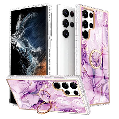 Laurraine Coque compatible avec Samsung S22 Ultra 5G, coque fine de luxe en marbre brillant IMD à paillettes dorées avec anneau pivotant à 360 degrés pour Galaxy S22 5G (violet) Cover
