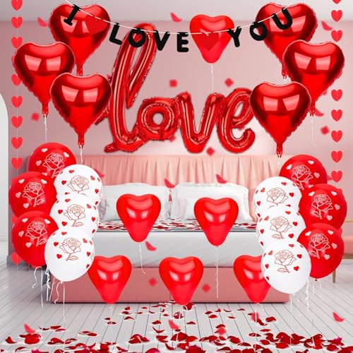 Kit de décoration de Saint-Valentin, 34 ballons en forme de cœur rouge, bannière « I Love You » XXL, 500 pétales de rose pour Saint-Valentin, anniversaire, demande...