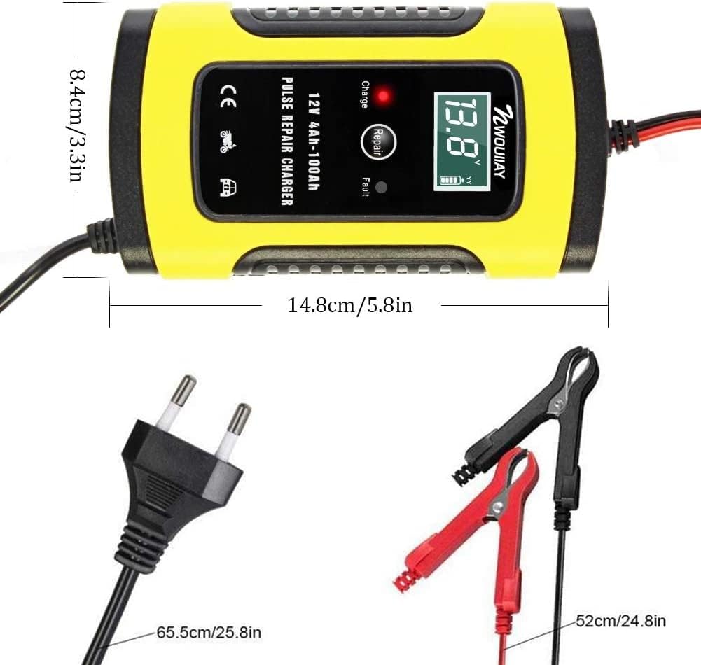Diagram showing the dimensions of the charger: 14.8cm (5.8in) length, 8.4cm (3.3in) width. Also shows the power plug cable length (65.5cm/25.8in) and battery clamp cable length (52cm/24.8in).