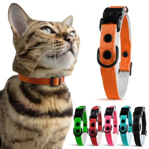Durable Breakaway Cat Collar with Soft Padding for Medium to Large Cats, Tactical Fabric Exterior, Thin and Comfortable, High-Visibility, Quick Release Break Away, No Bell (Saffron Orange, Adult)