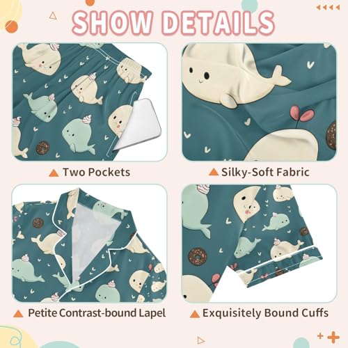 senya Blue Cute Whale Donut Satin Summer Pajama Sets Silk Short Sleeve Button Down Sleepwear3