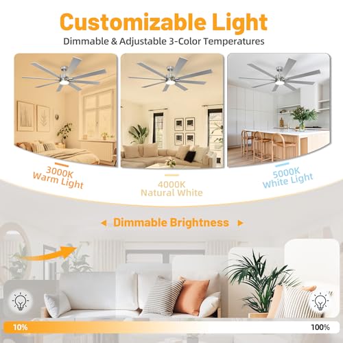 Image of hykolity 62 Inch Modern Flush Mount Large Nickel Ceiling Fan with Light