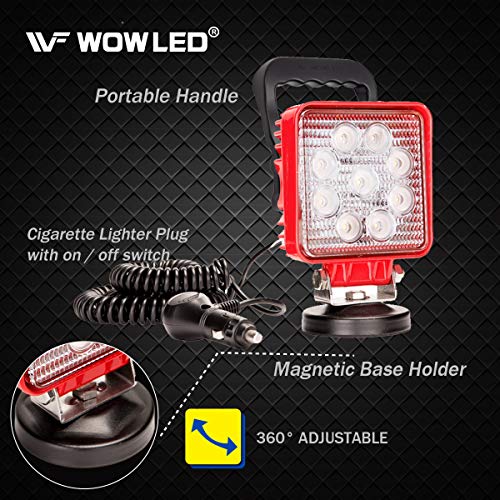 WF Magnetic Work Light, Magnet Base Mount Bracket, Cigarette Lighter Powered, LED Work Light, 27W Portable Flood Beam Lamp for Truck Tractor Trailer SUV Off-road Emergency Repairs (Square Red) - Thumbnail 6
