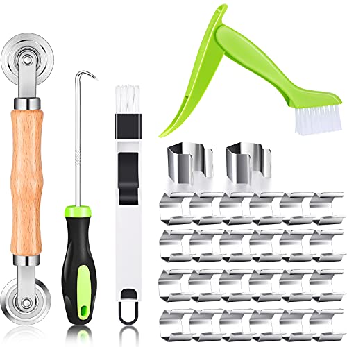 Hotop 29 Pieces Screen Tool Set Include Screen Roller Tool Screen with Wooden Handle, Installer Clips,Window Groove Brush and Screen Spline Remover Hook Screen Rolling Tool for Installing Door Screen