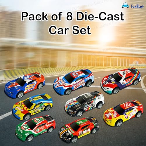 Image of FunBlast Die-Cast Car Set for Kids - Pack of 8 Pull Back Metal & Plastic Cars, Scaled Model Mini Racing Car Toys for 3+ Year Old Boys & Girls, Multicolor