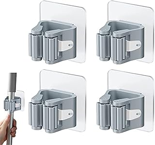 Rifrpha 4Pcs Self Adhesive Mop Holder Broom Holder Wall Mounted White Mop And Broom Holder No Drill Wall Mounted Organizer Clip Wall Mount Broom Clips Broom Clips Without Drilling for Kitchen bathroom