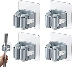 Rifrpha Plastic Pack of 4 Wall Self-Adhesive Broom Holder No Drilling Wall Mount Broom Holder Wall Mounted Grey Mop Holder for Kitchens, Bathrooms