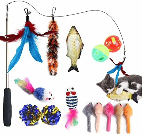 Image of PETS EMPIRE Retractable Cat Toy Wand - Interactive Feather Teaser for Cats & Kittens, Extendable Rod with Colorful Feathers - Cat Exercise & Play Training Toy 15Pcs