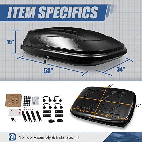 Image of Auto Dynasty Heavy Duty Hard Shell Roof Top Mount Car Storage Travel Luggage Box Cargo Carrier with Security Keys, 53 (L) x 34 (W) x 15 (H) Inches, Capacity 110 Pounds 11 Cubic Feet Tool-Free Install