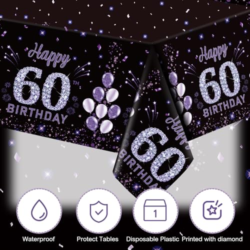 Image of Ganeen 3 Pack 60th Birthday Tablecloth Purple Black Happy 60th Birthday Decorations Disposable Plastic Rectangular Table Cover for Party Supplies Women Men, 108 x 54 Inch