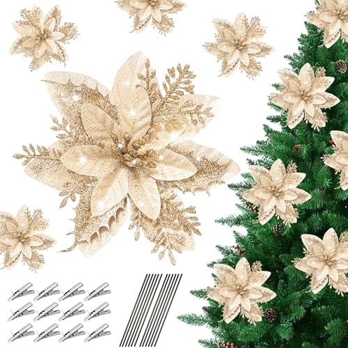 Baimuni Fleur de Noël pour Sapin avec Clip,12 Pièces Fleurs Artificielles Glitter de Noel à Paillettes,Fleur Poinsettia de Scintillantes, pour Guirlande, Couronne, Noce Décoration, Or