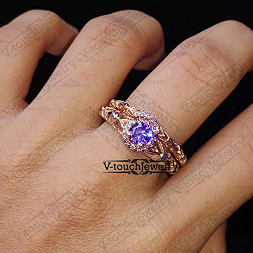 V Touch 14K Rose Gold Plated 925 Sterling Silver Round Cut Purple Amethyst Engagement Wedding Tinkerbell Ring Set for Women's2