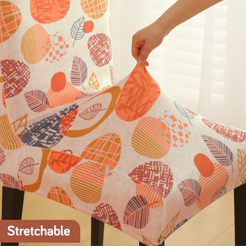 Image of HOKIPO Premium Printed Velvet Dining Chair Cover Set of 6, Coral Autumn Leaves (AR-5794-D1*6)
