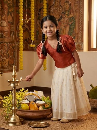 Image of The Mom Store Girls Skirt Lehenga Set | Traditional Stylish Dress For Kids Girls | Baby Lehenga Set For Girls | Elastication At Waistband | For Festivals Weddings & Special Occasions