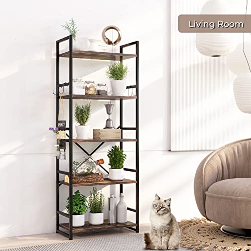 HAIOOU-Industrial-Bookshelf-5-Tier-Tall-Bookcase-with-4-Hooks-Vintage-Storage-Rack-Organizer-Free-Standing-Wood-Book-Shelf-Black-Metal-Frame-Shelving-Unit-for-Home-Office-Kitchen-Rustic-Brown