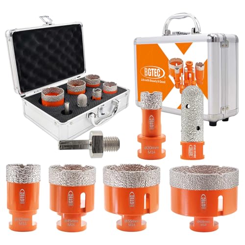 Punte per Trapano Diamantate BGTEC - 7 pezzi 20/32/45/55/68mm & Fresa 20mm & Adattatori per Porcellana Granito Piastrella Marmo, Filettatura M14
