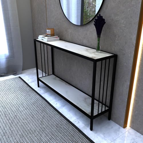 Image of Metal Frame 2-Tier Premium Entryway Table for Living Room, Hallway & Bedroom | Modern Narrow Sofa Console Table for Home & Office Decor | Sturdy & Stylish Accent Table (Black Strip)