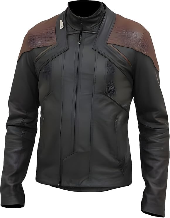 A&M Express William Riker Leather Jacket Mens - Burgundy Black Stand Collar Biker Cosplay Costume