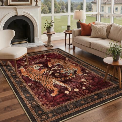 Bavni 5x7 Tiger Print Washable Area Rugs for Living Room Bedroom Non Slip