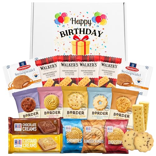 Happy Birthday Biscuits Gift Set Bundle With x35 Individually Wrapped Biscuits - Happy Birthday Hamper with Border Biscuits, Walkers Shortbread, Custard Creams, Stroopwafels Caramel & More