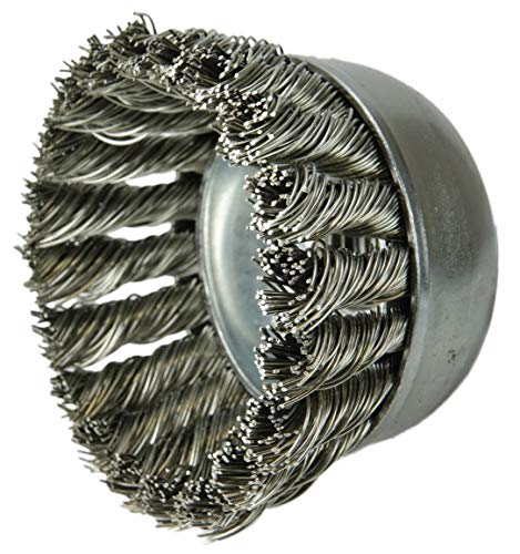 Image of Weiler 13254 2-3 /4 inch Single Row Knot Wire Cup Brush, 0.020 inch Stainless Steel Fill, M10 x 1.50 Nut, Made in The USA
